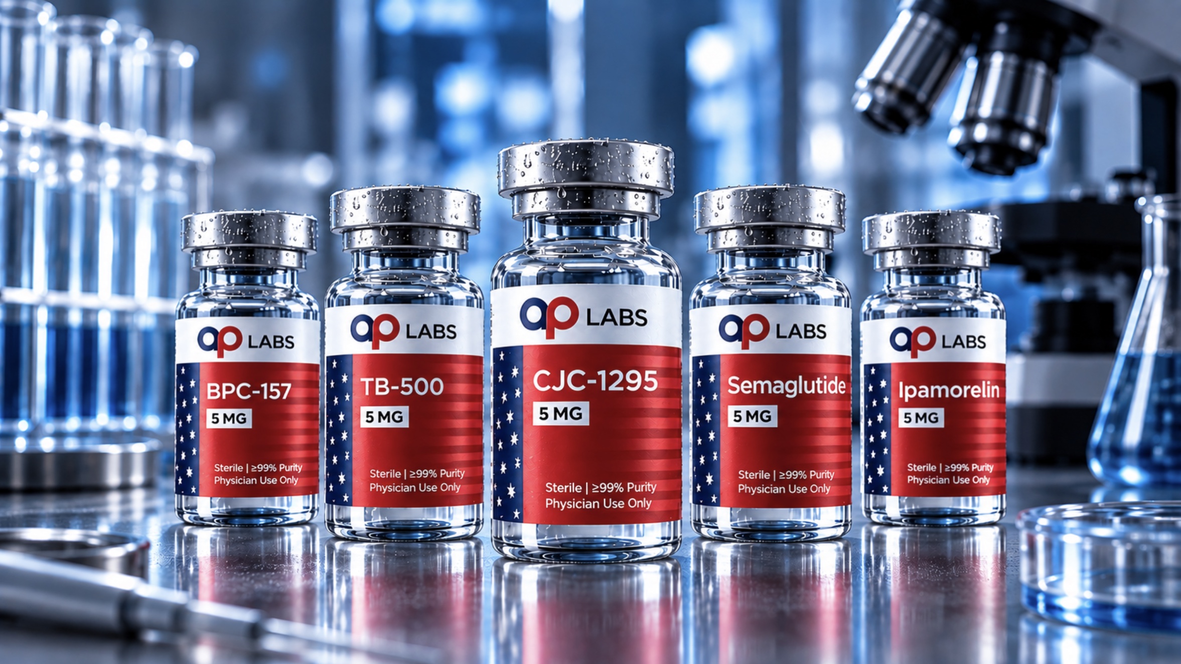 Five AP Labs vials on a laboratory bench — BPC-157, TB-500, CJC-1295, Semaglutide and Ipamorelin.